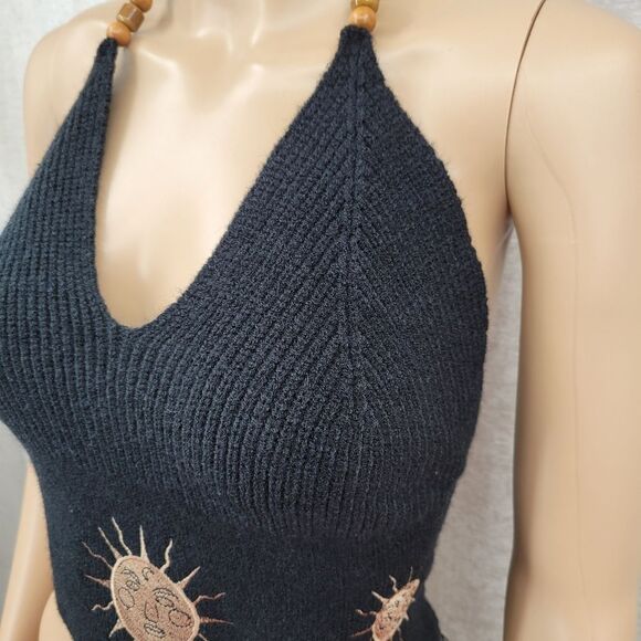 Romwe Black Sun Embroidered  Halter Crop Top Hippie Boho Festival NEW - Picture 4 of 11